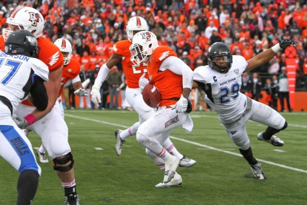 Senior safety Adam Redden forces a fumble on a Bowling Green kickoff return in the second quarter. The Bulls fell 36-35 to the Falcons on Saturday. Chad Cooper, The Spectrum 