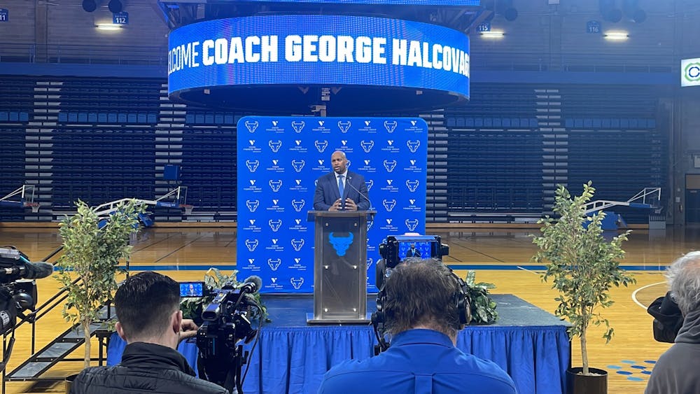 UB Athletic Director Mark Alnutt speaking at George Halcovage's introductory press conference, which took place Monday at Alumni Arena.