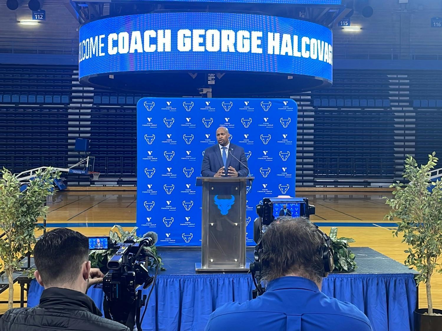 UB Athletic Director Mark Alnutt speaking at George Halcovage's introductory press conference, which took place Monday at Alumni Arena.