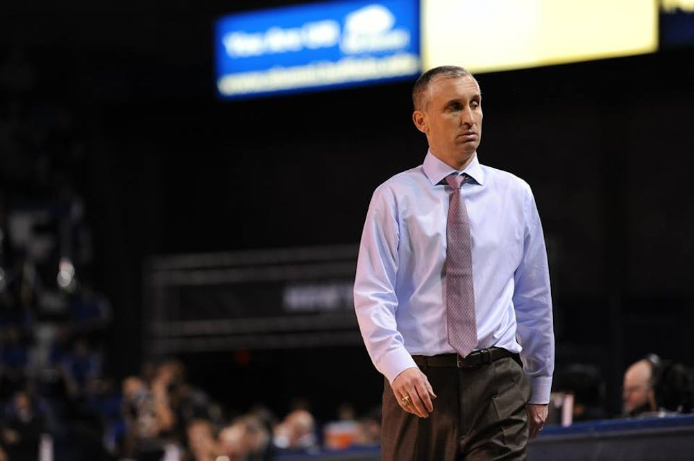 <p>Men’s basketball head coach Bobby Hurley walks down the sideline during Buffalo's 77-71 victory over Western Michigan on Jan. 27. Hurley accepted the head coaching position at Arizona State Thursday and will be leaving the Bulls.</p>