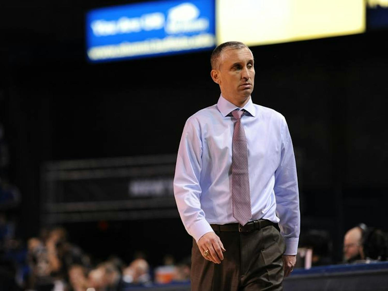 Men’s basketball head coach Bobby Hurley walks down the sideline during Buffalo's 77-71 victory over Western Michigan on Jan. 27. Hurley accepted the head coaching position at Arizona State Thursday and will be leaving the Bulls.