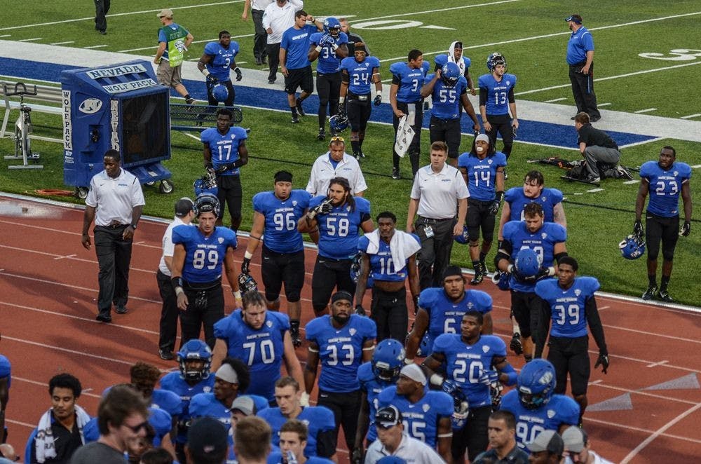 <p>The football team walks off the field after its 24-21 loss to Nevada in September.&nbsp;</p>