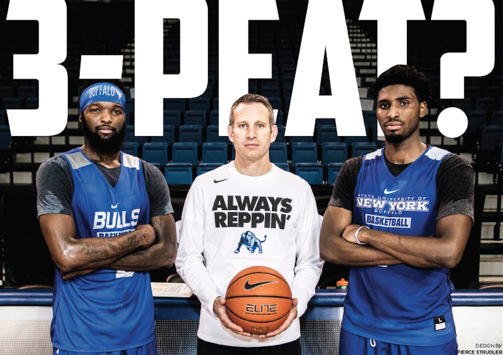<p>Head coach Nate Oats stands with senior wing Willie Conner (left) and senior wing&nbsp;Blake Hamilton (right). The Bulls hope to win their third straight Mid-American Conference&nbsp;Championship this year.</p>