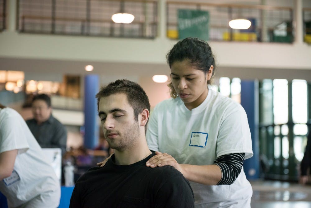 <p>Stressbusters, a group of student volunteers trained to alleviate students’ stress, travel between campuses every Monday. They offer massages, advice and information about destressing.&nbsp;</p>