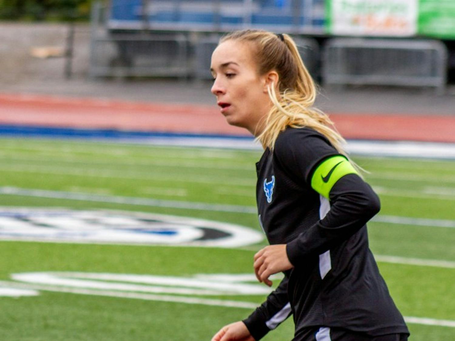 Senior forward Carissima Cutrona runs on the pitch. Cutrona suffered a career-ending injury two weeks ago against Eastern Michigan and finishes her career as sixth-overall in points at UB.