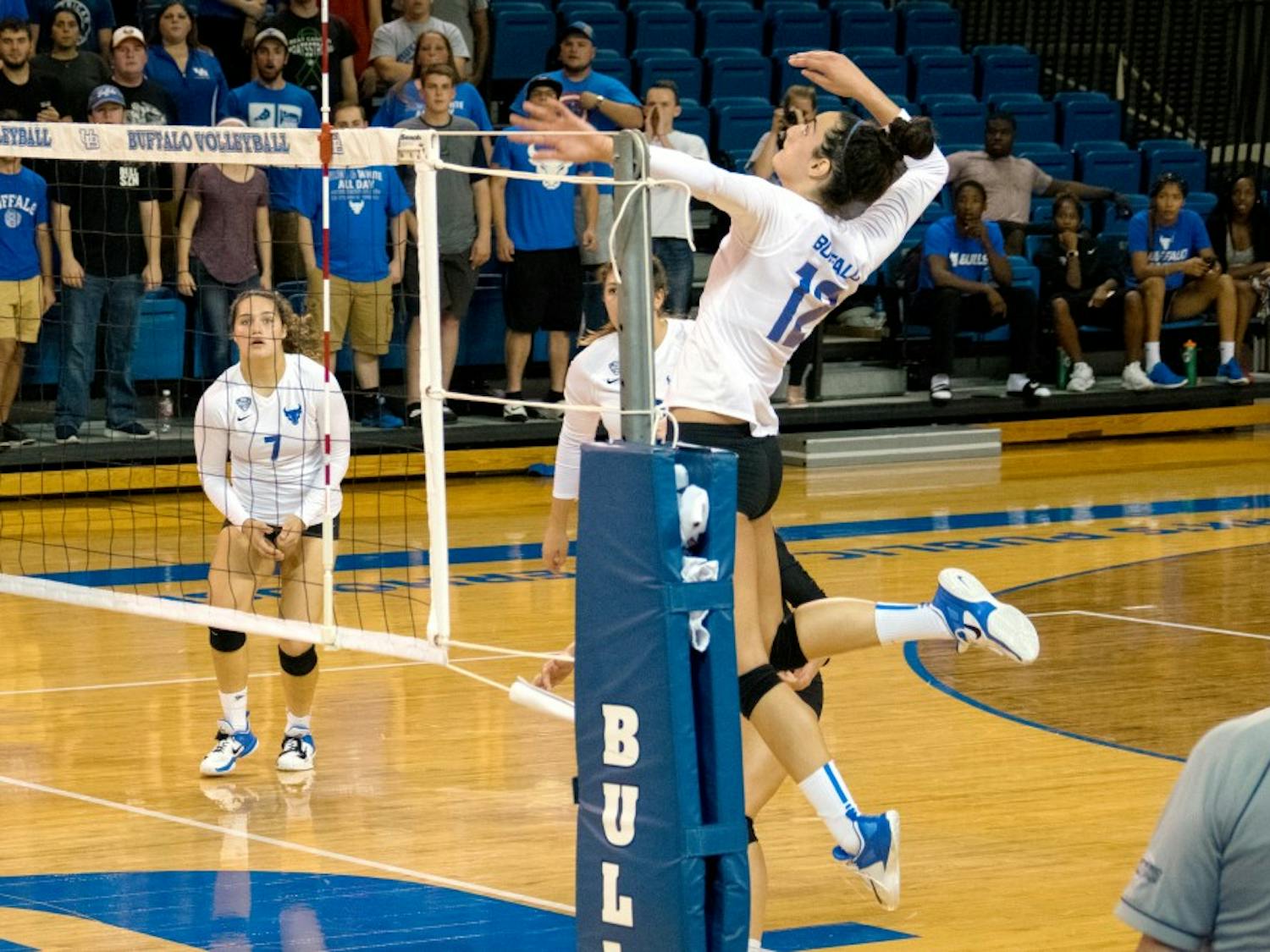 Freshman outside hitter Andrea Mitrovic gets ready to spike the ball. The Bulls are looking to close the season strong despite recent loss to the Ohio Bobcats.