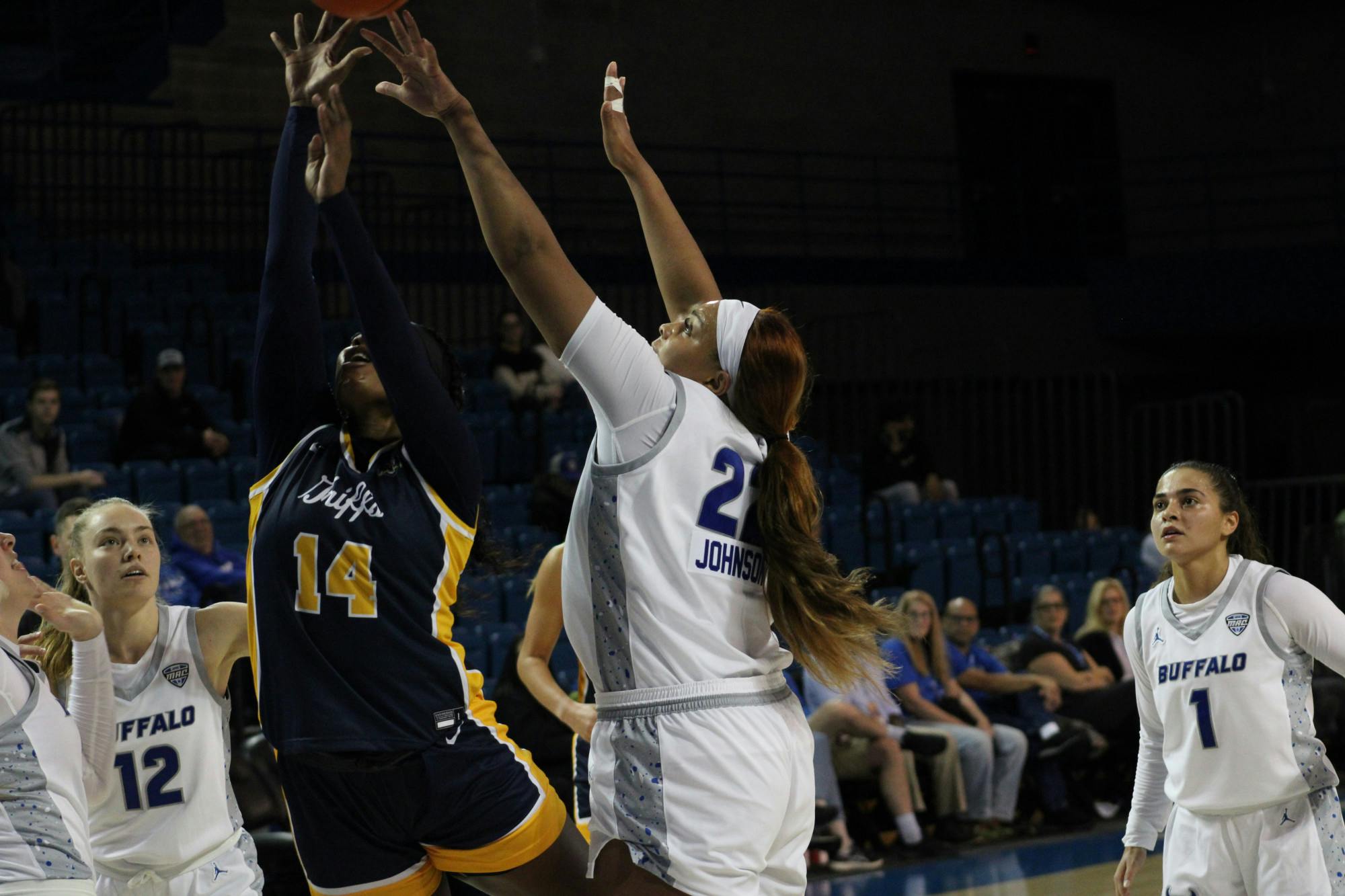 UB graduate forward Kiara Johnson contests a shot against Canisius on Nov. 6.