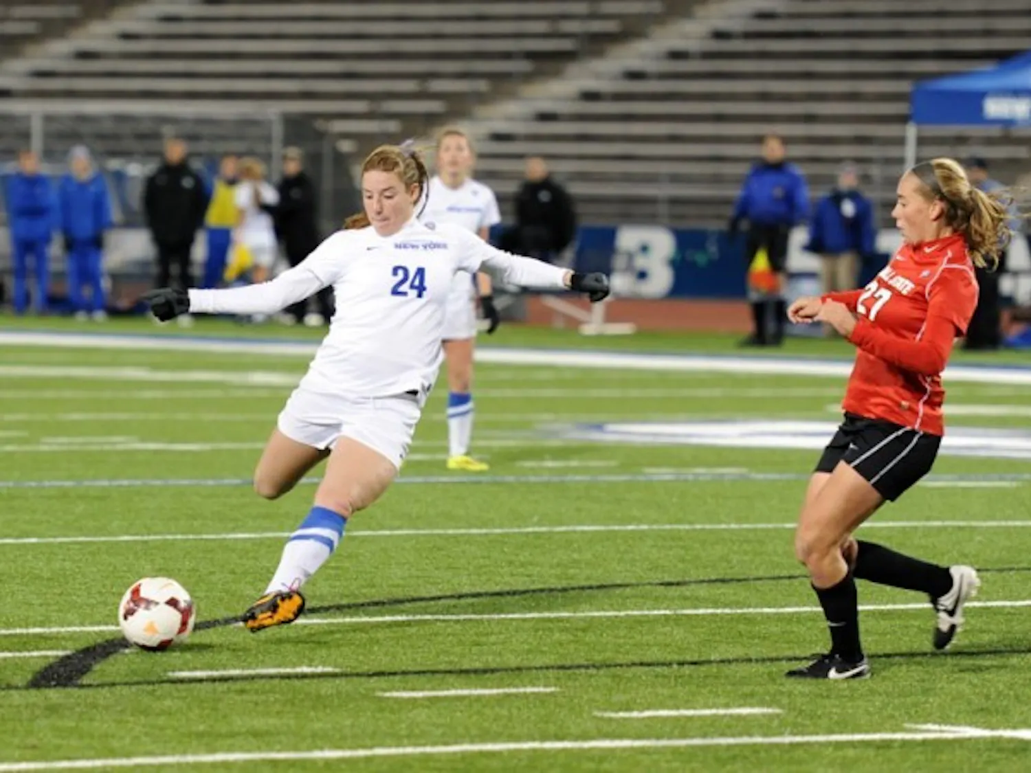 Sophomore midfielder Andrea Niper and the Bulls’ season ended Friday night in the first round of the NCAA Tournament. The No. 15 seed Buffalo fell 4-1 to No. 2 seed Penn State. Yusong Shi, The Spectrum