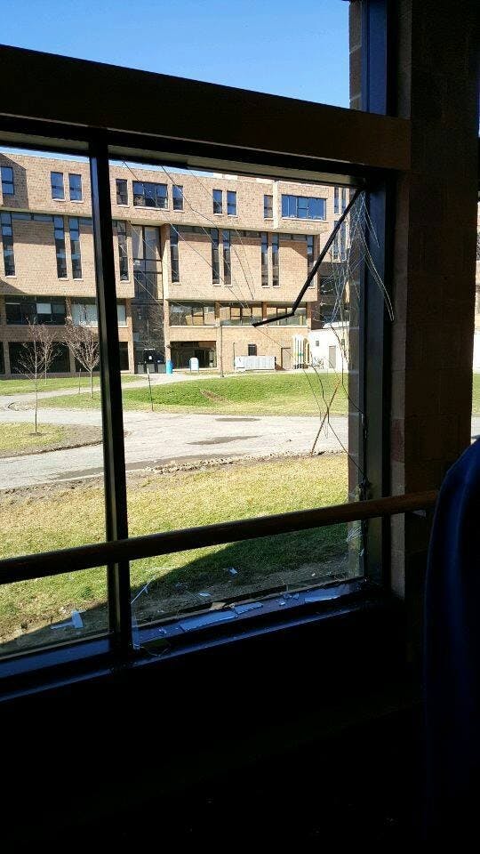 A UB student went through the glass of this Porter Hall window Tuesday.&nbsp;