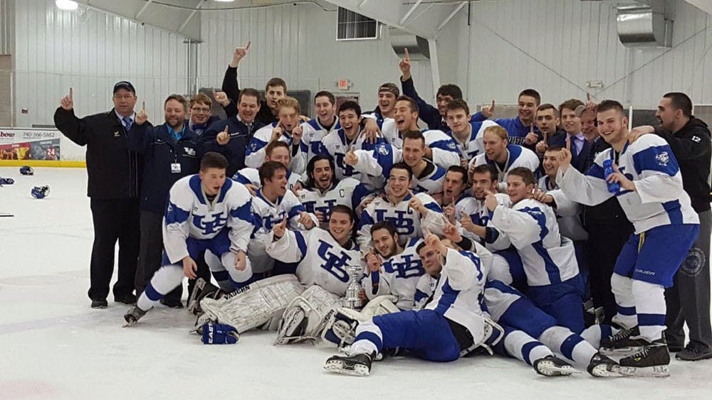 <p>UB’s hockey team poses for a picture after winning the NCHA Championship last year.</p>