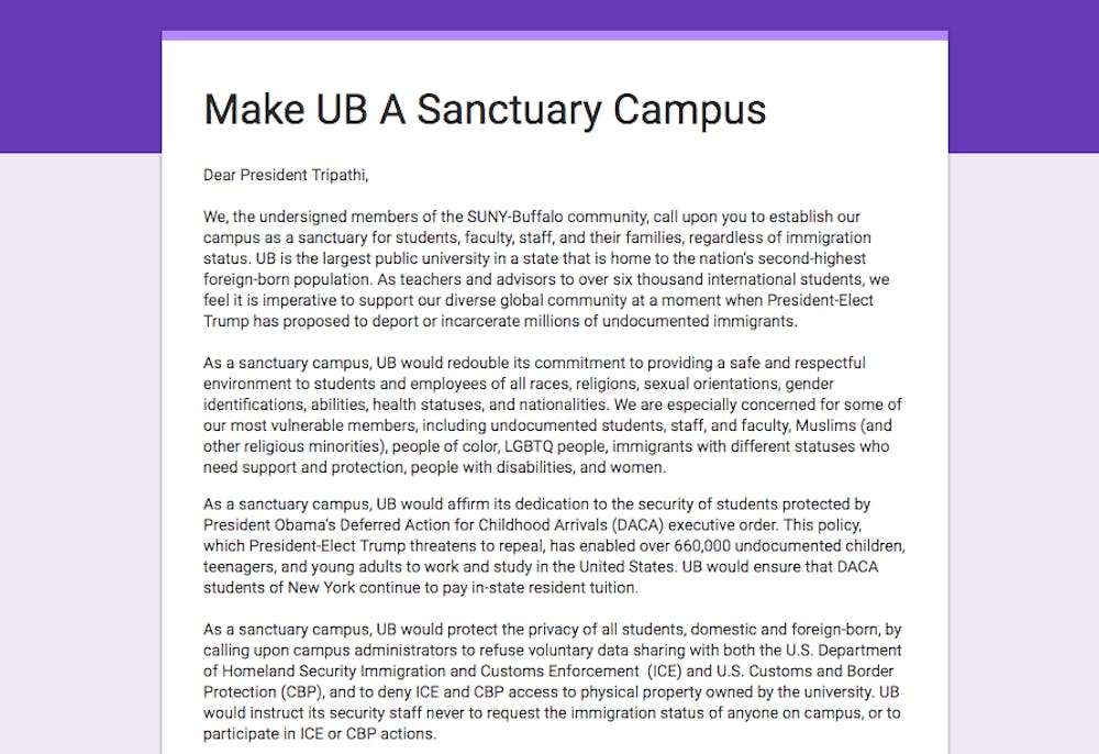 <p>The petition written&nbsp;to President Satish Tripathi.&nbsp;English professor David&nbsp;Alff drafted the petition as a letter, urging Tripathi to declare UB a sanctuary campus with the help of other UB faculty members.</p>