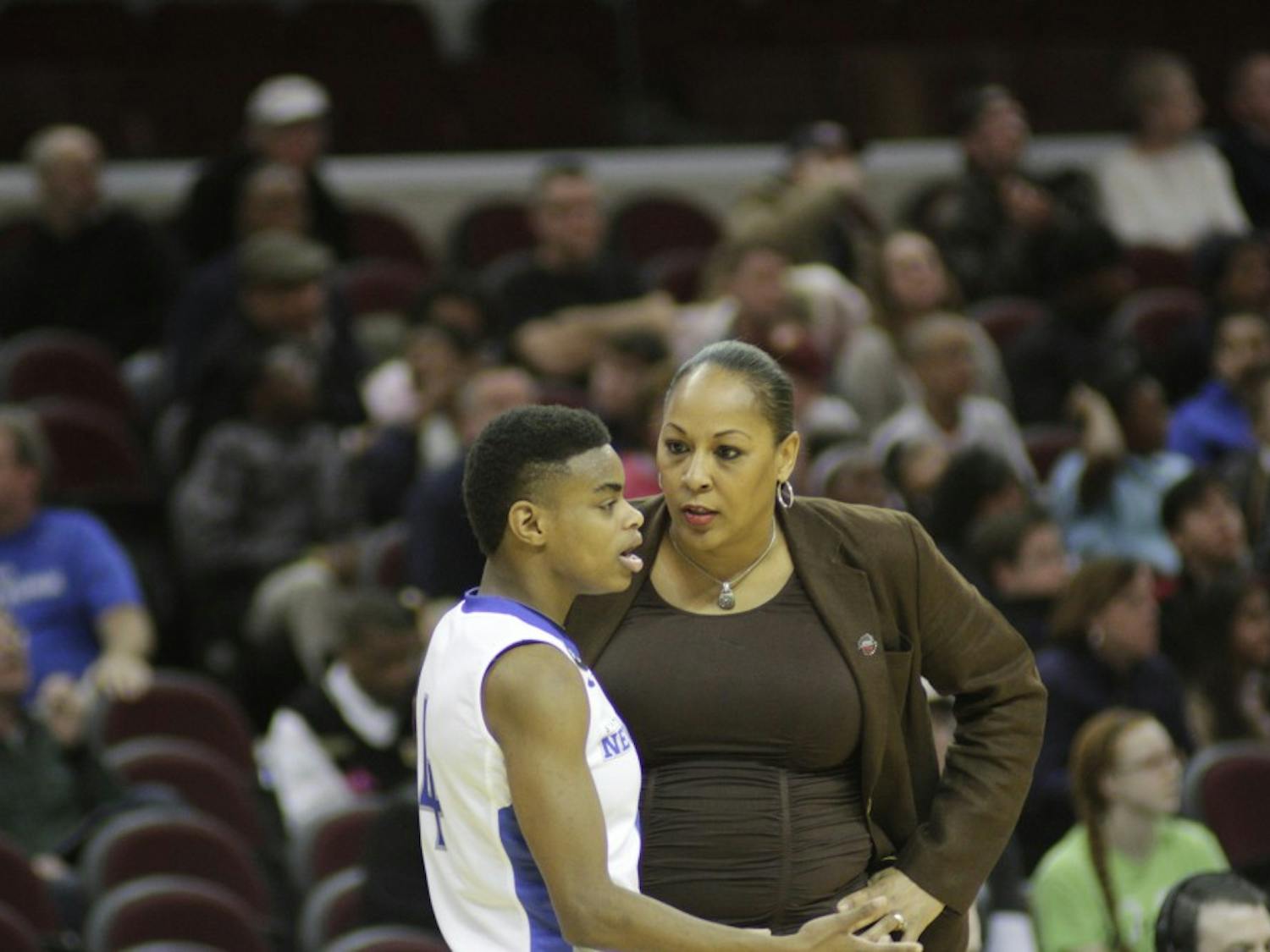 Coach Legette-Jack gives sophomore guard Joanna Smith some advice during the women's game against Western Michigan 