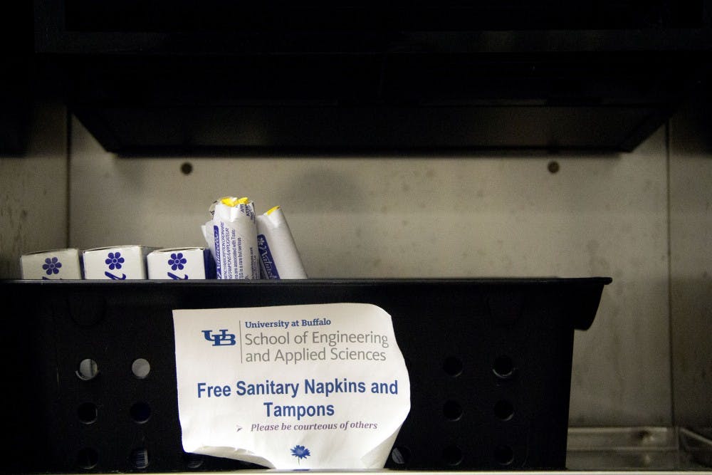 Baskets with free menstrual products are one way UB communities responds to lack of feminine product dispensers.