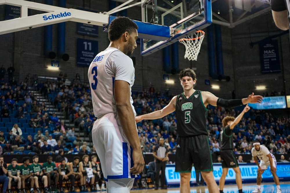 <p>Junior guard Jayvon Graves stands out of bounds in last season's men's basketball game.&nbsp;</p>