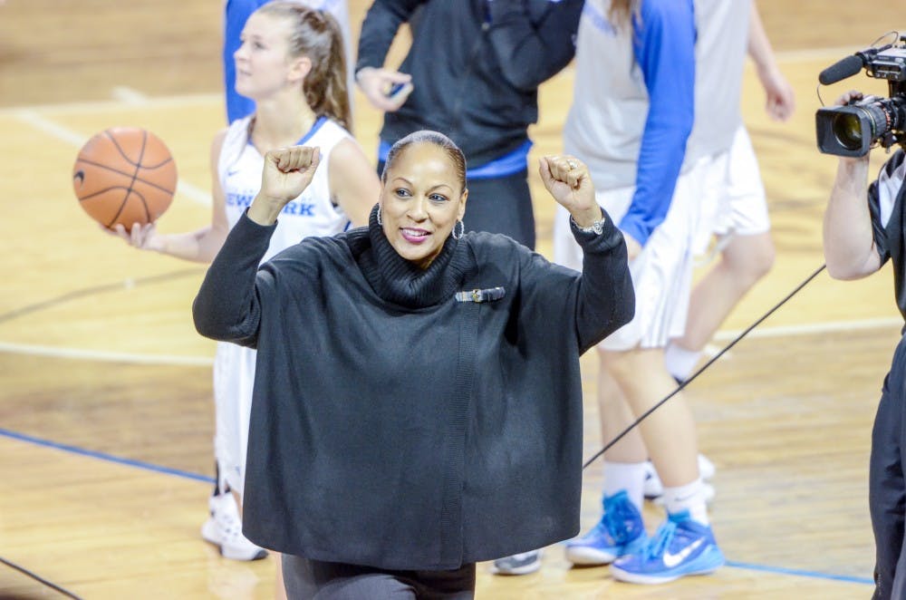 <p>Women's basketball head coach Felisha Legette-Jack celebrates after Buffalo's upset over Ohio on Wednesday night. She also celebrated her 200th career victory as a head coach.&nbsp;</p>