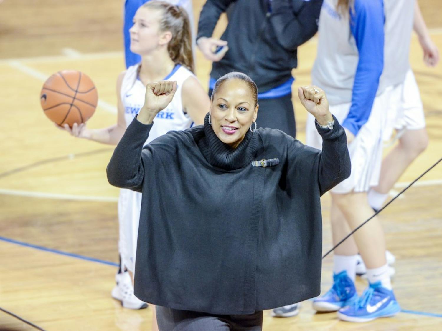Women's basketball head coach Felisha Legette-Jack celebrates after Buffalo's upset over Ohio on Wednesday night. She also celebrated her 200th career victory as a head coach.&nbsp;