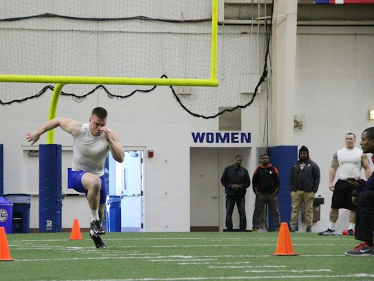 Lee Skinner competes in the 40-yard dash at Thursday's Pro Day in Ralph Wilson Stadium.