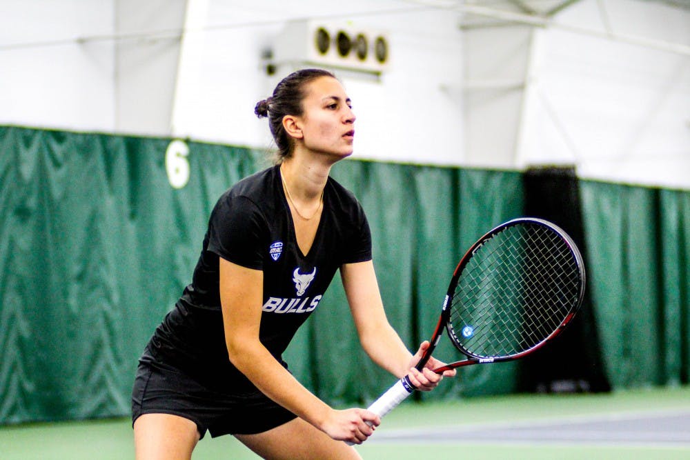 <p>Tanja Stojanovska prepares to receive the serve. She hopes to upset on the second singles court as Buffalo takes on Northwestern in the NCAA tournament Friday.</p>