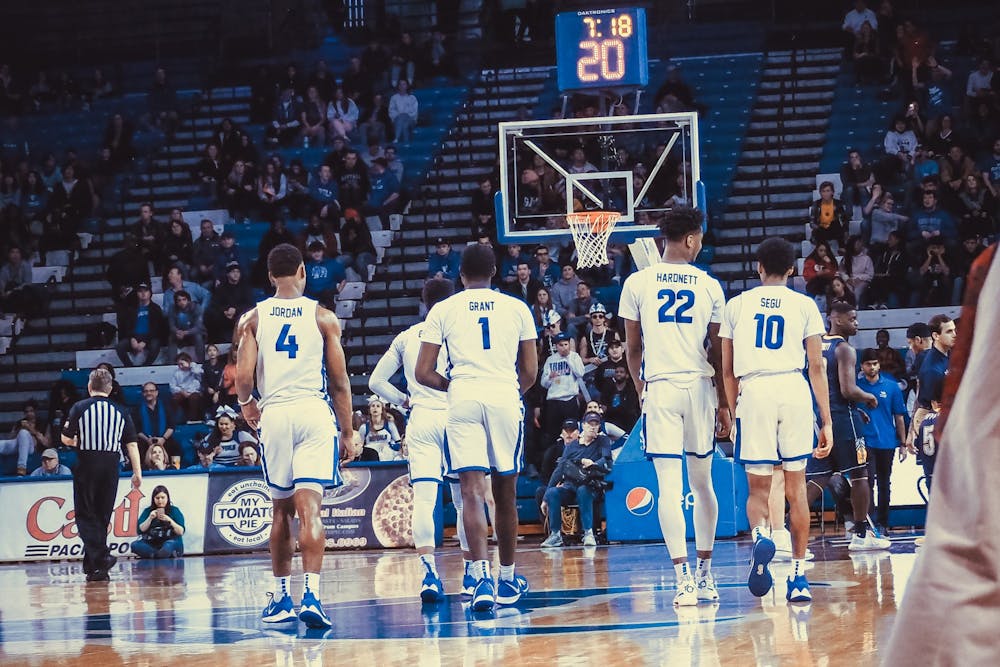 <p>The Buffalo Bulls lineup returns to the floor against Kent State following a timeout last season.</p>