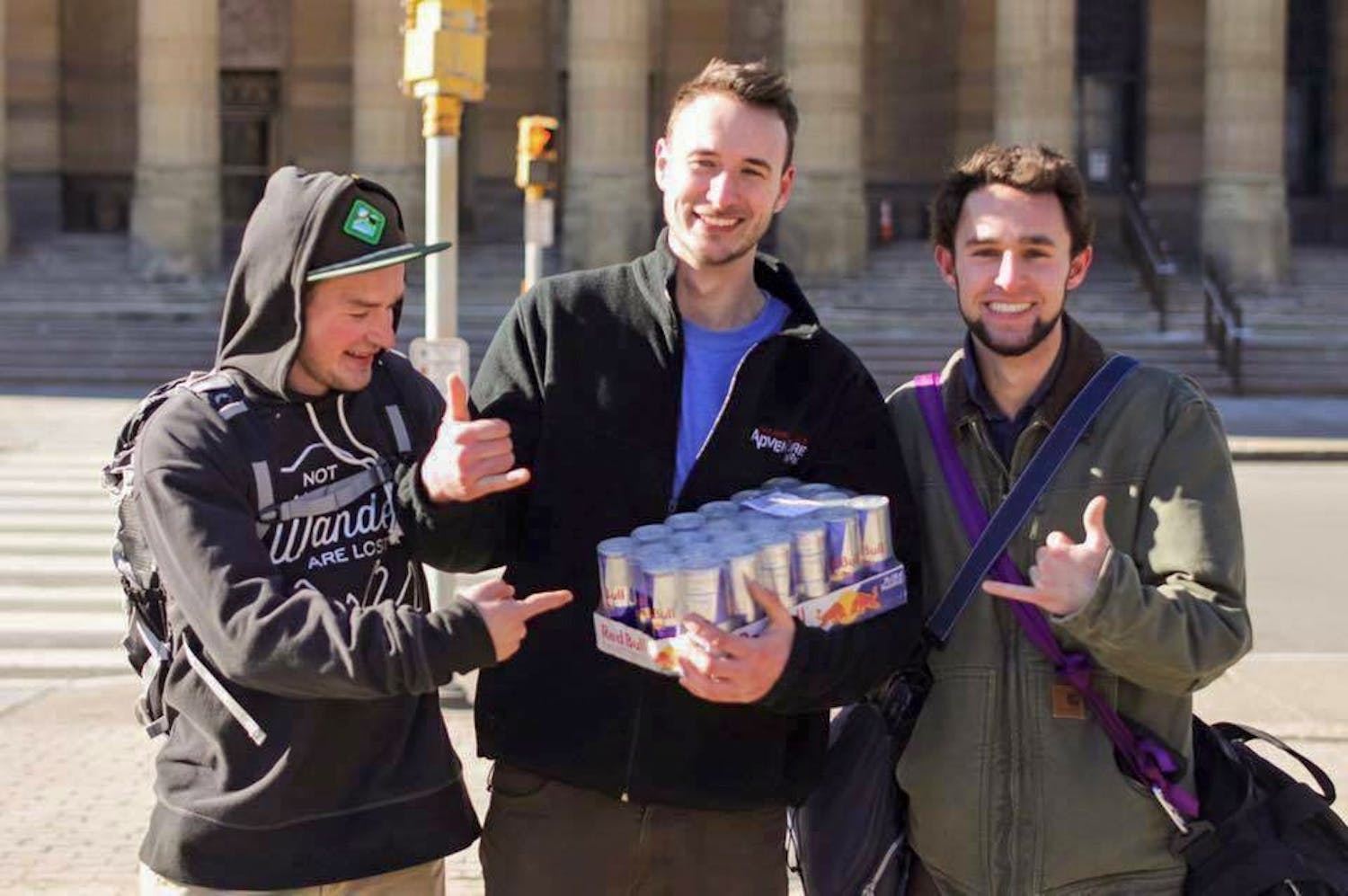 (From left to right) Jake Dixon, Chris Komin and&nbsp;George Gombert&nbsp;will be leaving for Berlin, Germany on April 12 to travel across the continent to Paris, France, only using cans of Red Bull as currency.