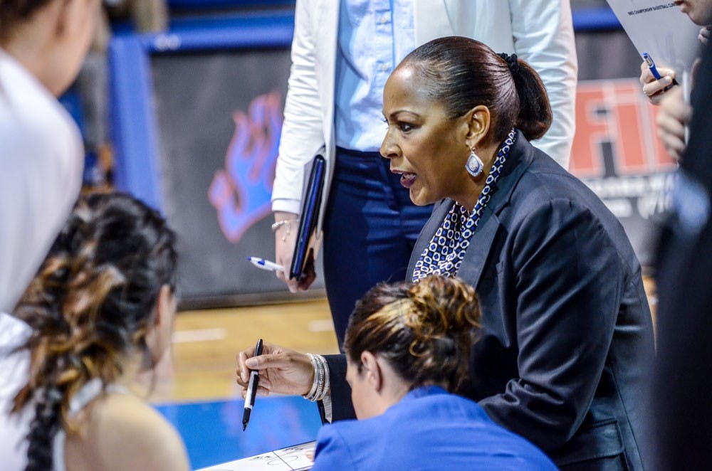 <p>Head coach Felisha Legette-Jack coaches the women’s basketball team on the sideline during a 54-40 victory over Canisius on Nov. 17. Legette-Jack’s Bulls are 6-0 to start this season despite being a young team.</p>