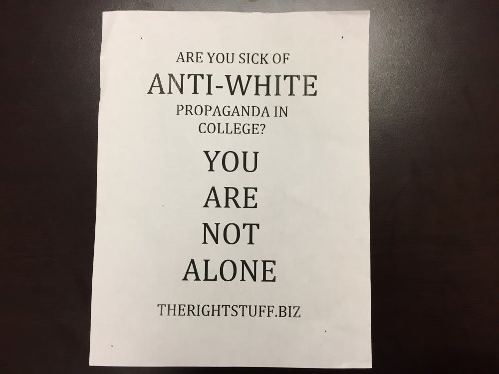 <p>A UB student found a flyer in Clemens Hall Monday afternoon that said, "Are you sick of anti-white propaganda in college? You are not alone."</p>