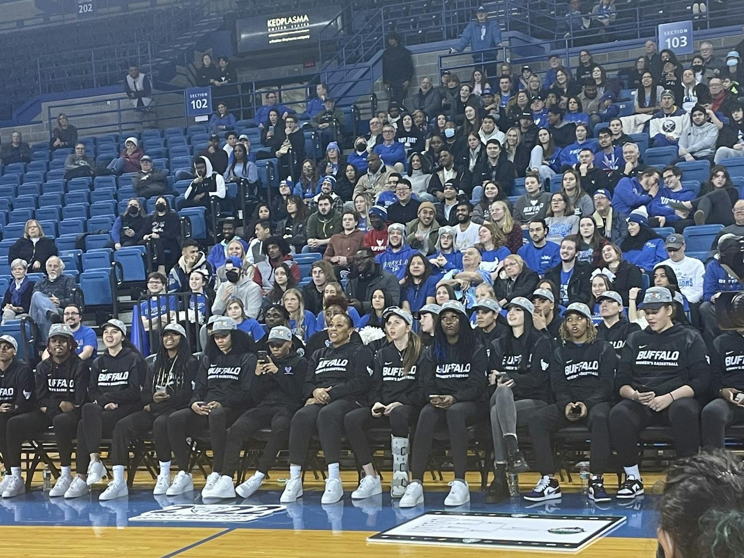 The women's basketball team gathers in Alumni Arena Sunday to react to the Selection Sunday results.
