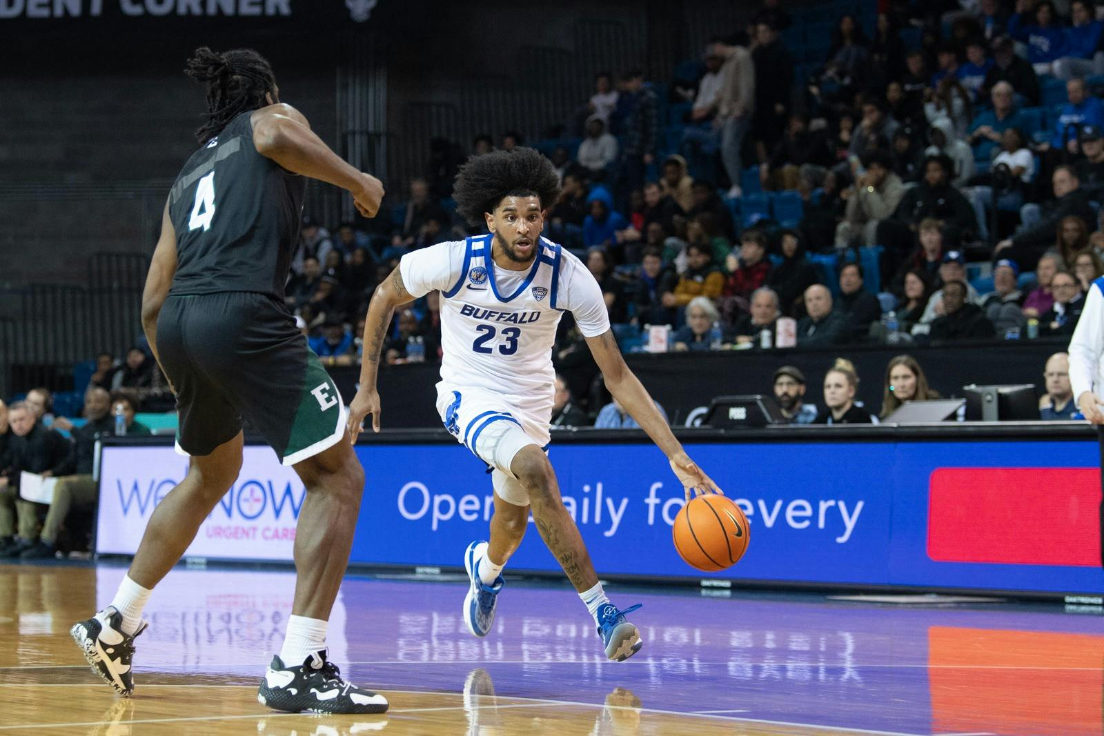Senior forward Isaiah Adams' late-game heroics against Georgia Southern on Saturday helped UB earn its third win of the season. | Credit: Ken Smith, UB Athletics.