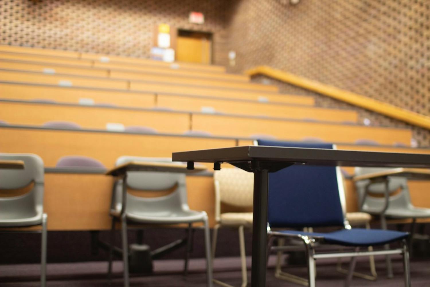 The classrooms in O’Brian Hall have the accessible seating at the bottom of a flight of stairs with no accessible entrance at the bottom of the lecture halls.