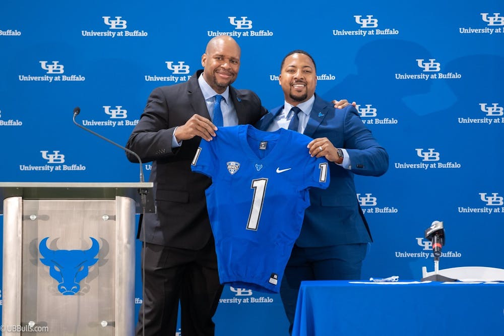 <p>UB football head coach Maurice Linguist's introductory press conference in 2021 | Courtesy of UB Athletics</p>