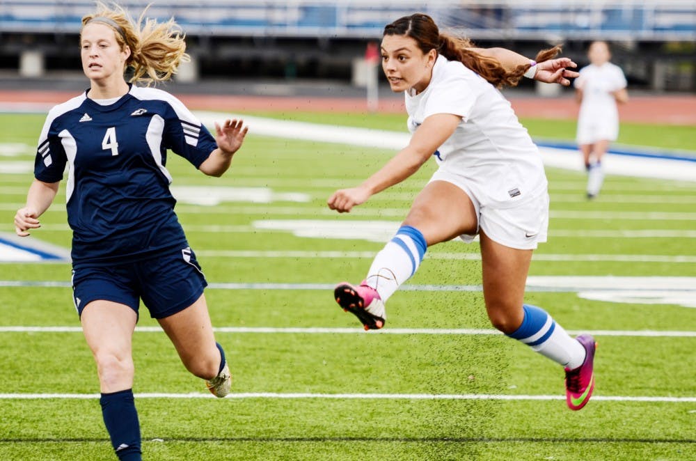 <p>Senior forward Celina Carrero trying to score against Bowling Green last season. The women's soccer game against Central Michigan on Oct. 23 is one students will not want to miss.</p>