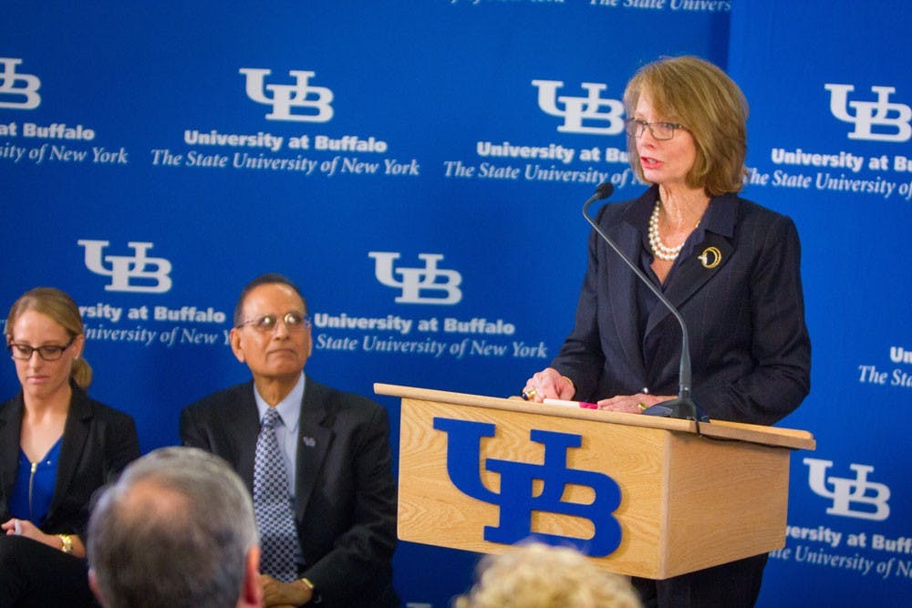 <p>(From left to right) Women's Basketball Assistant Coach Ashley Zuber, President Satish Tripathi and Mary Wilson at Thursday's announcement.&nbsp;The Ralph C. Wilson Jr. Foundation gave $4 million to UB sports medicine.&nbsp;</p>