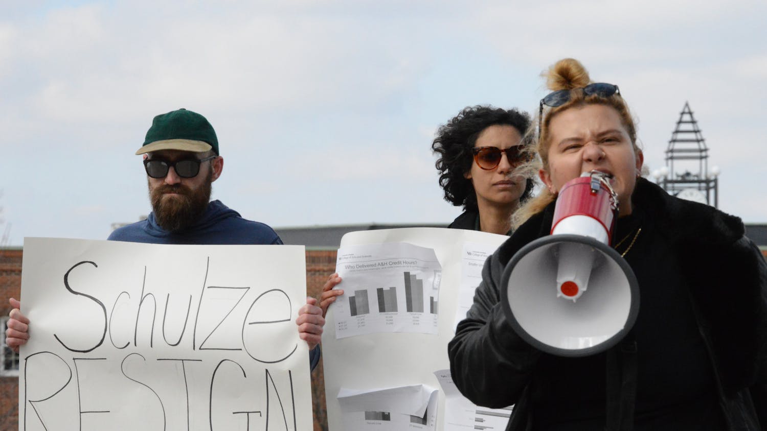 At least 20 demonstrators, led by classics Ph. D. student Tina Bekkali-Poio, took to Clemens Hall Thursday afternoon to call for CAS Dean Robin Schulze to resign.