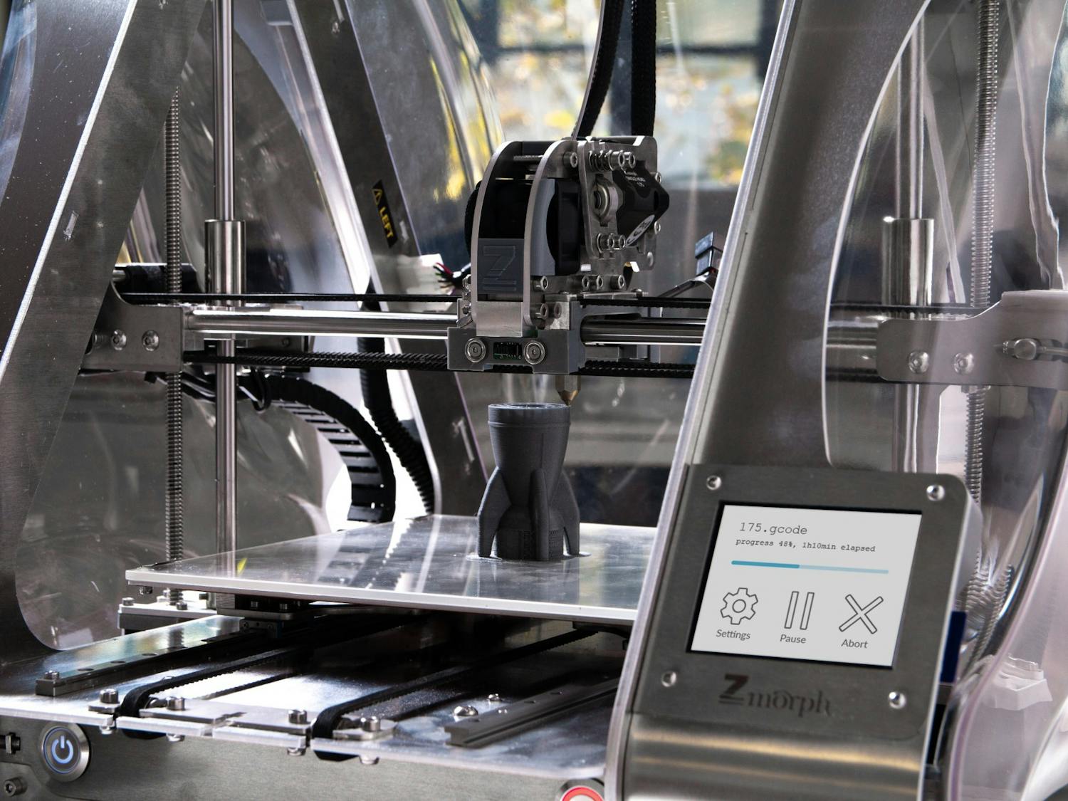 Stereolithography is a 3D printing technique that projects a laser beam at a vat of liquid.
