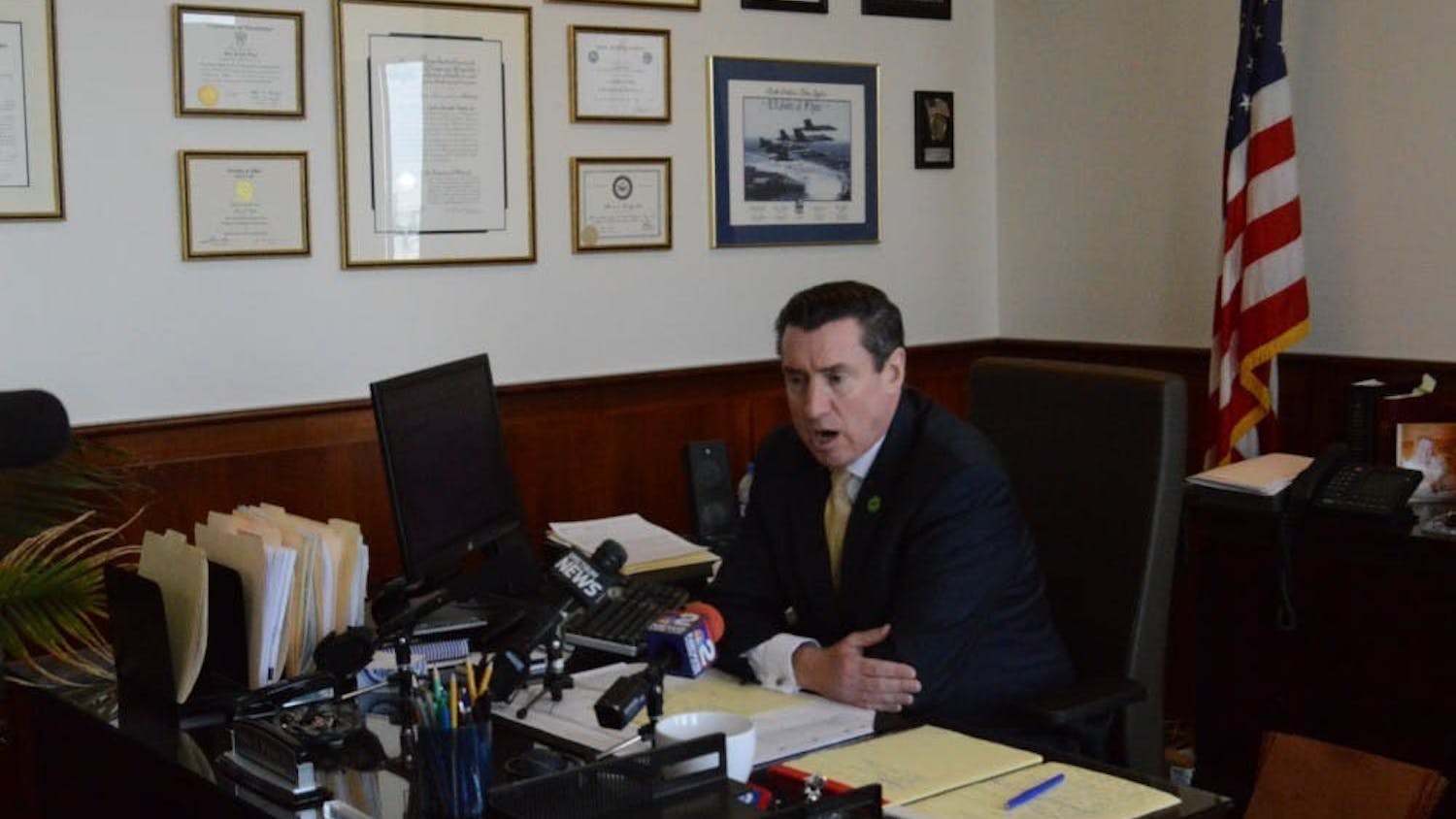 Erie County District Attorney, John Flynn (pictured above), discusses the prosecution of a former UB student for drunk driving at a 2019 press conference.&nbsp;
