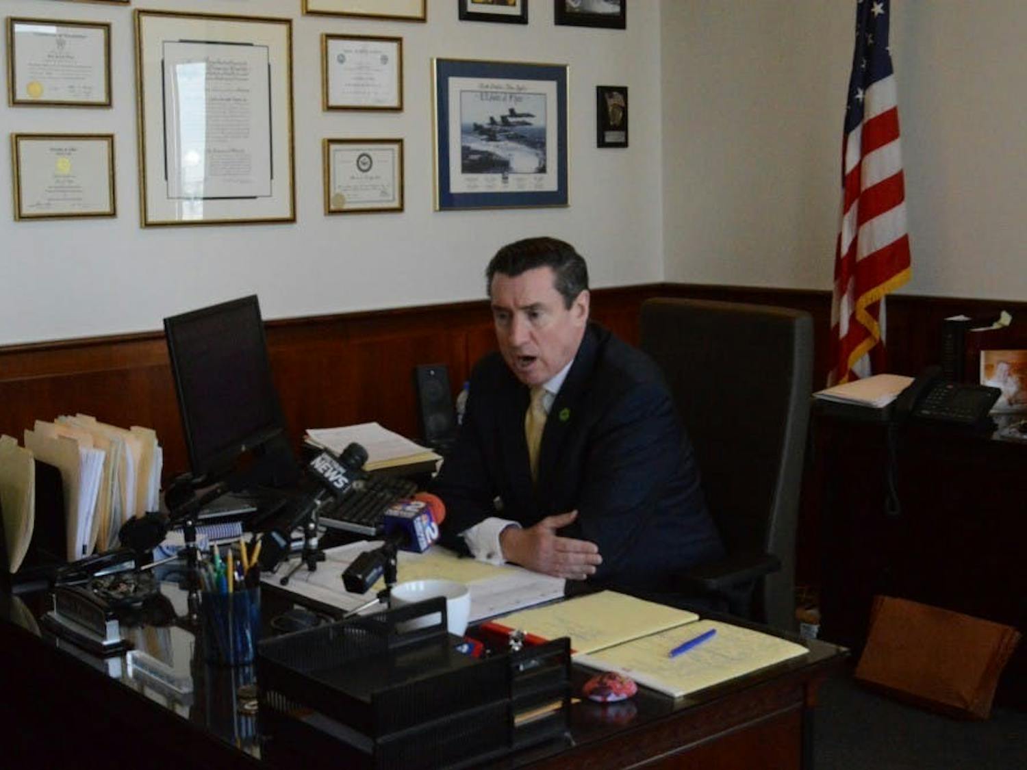 Erie County District Attorney, John Flynn (pictured above), discusses the prosecution of a former UB student for drunk driving at a 2019 press conference.&nbsp;