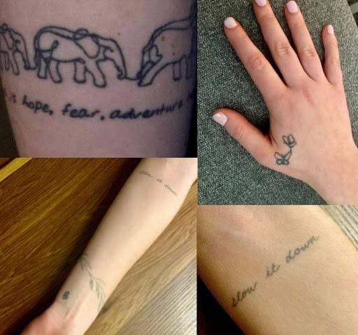 Collage of the tattoos: each tattoo has a story to tell that connects the person who created it and the person who carries it. 
