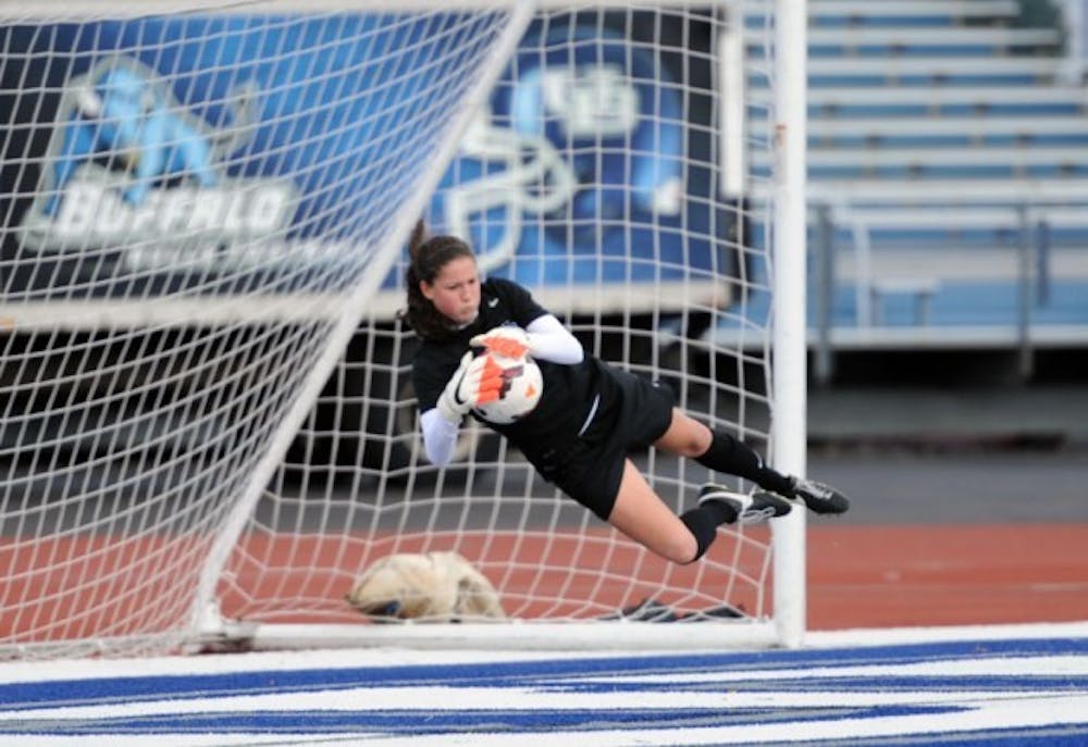<p>Sophomore goalkeeper Laura Dougall was instrumental in the women's soccer team's 1-0 shut out of Kent State on Sunday. </p>