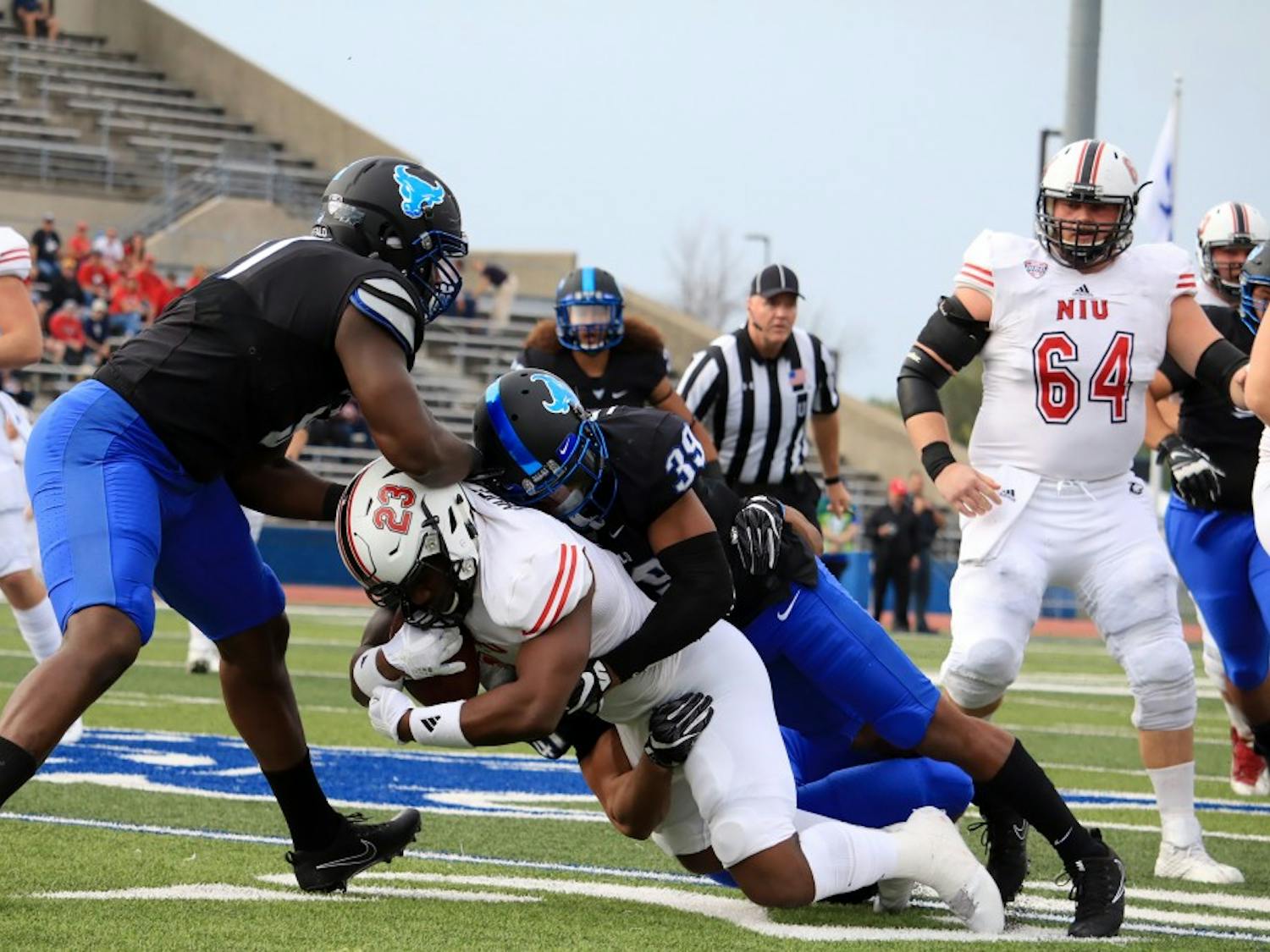 Junior cornerback Cameron Lewis makes a tackle in Saturday's game. Lewis finished with seven tackles and two forced fumbles in the game.