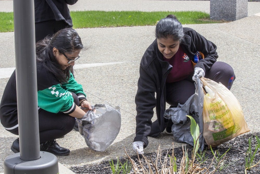 <p>(left to right) Aneri Dholakia and Nayna Madhudi pick up cigarette butts. They are two of 50 students who participated in Student Association Environmental Affairs’ second cigarette butt clean-up on Sunday. &nbsp;</p>