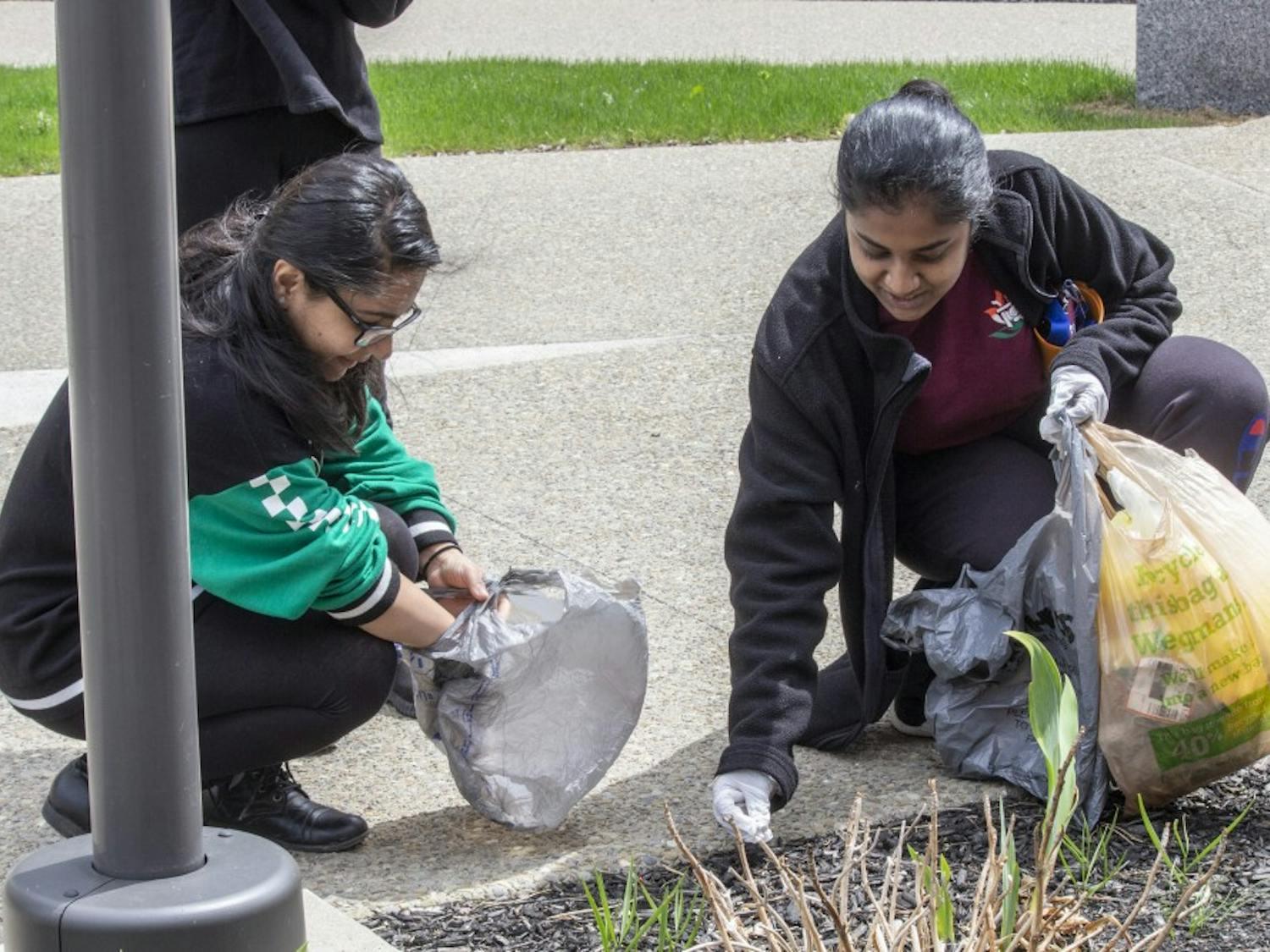 (left to right) Aneri Dholakia and Nayna Madhudi pick up cigarette butts. They are two of 50 students who participated in Student Association Environmental Affairs’ second cigarette butt clean-up on Sunday. &nbsp;