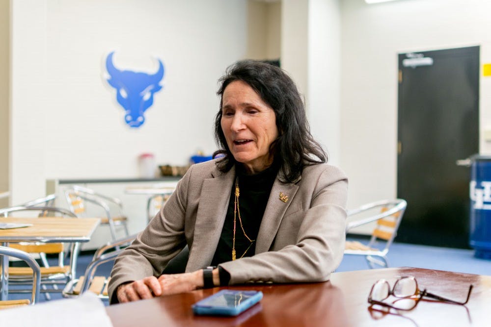 <p>Interim athletic director Kathy Twist during an interview with Spectrum. Twist is acting AD until the school chooses a new full-time choice.</p>