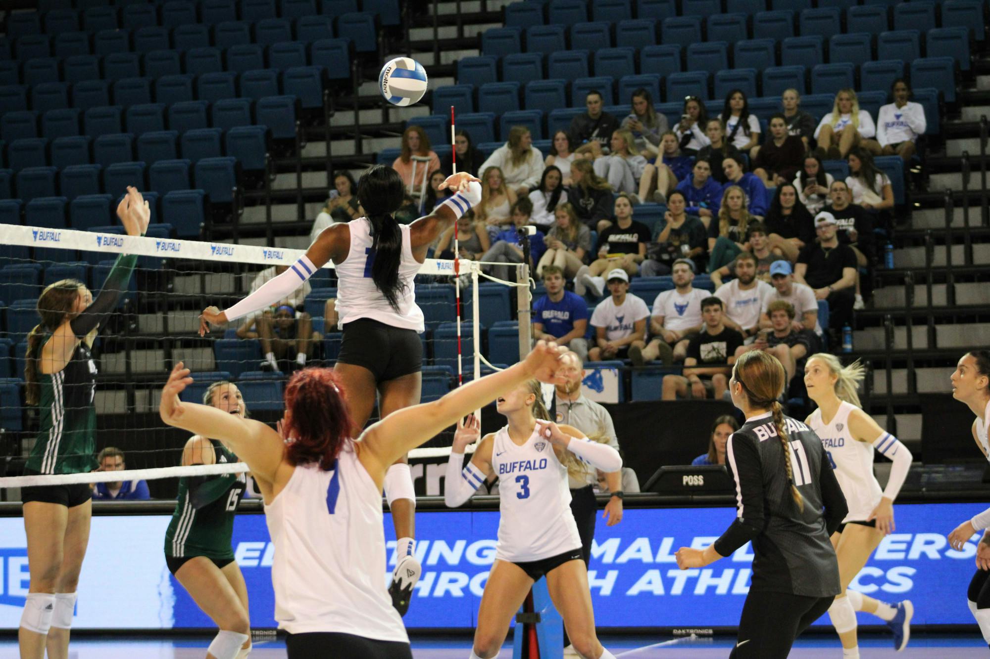Courtney Okwara goes for the kill in this past weekend's game against Ohio University.