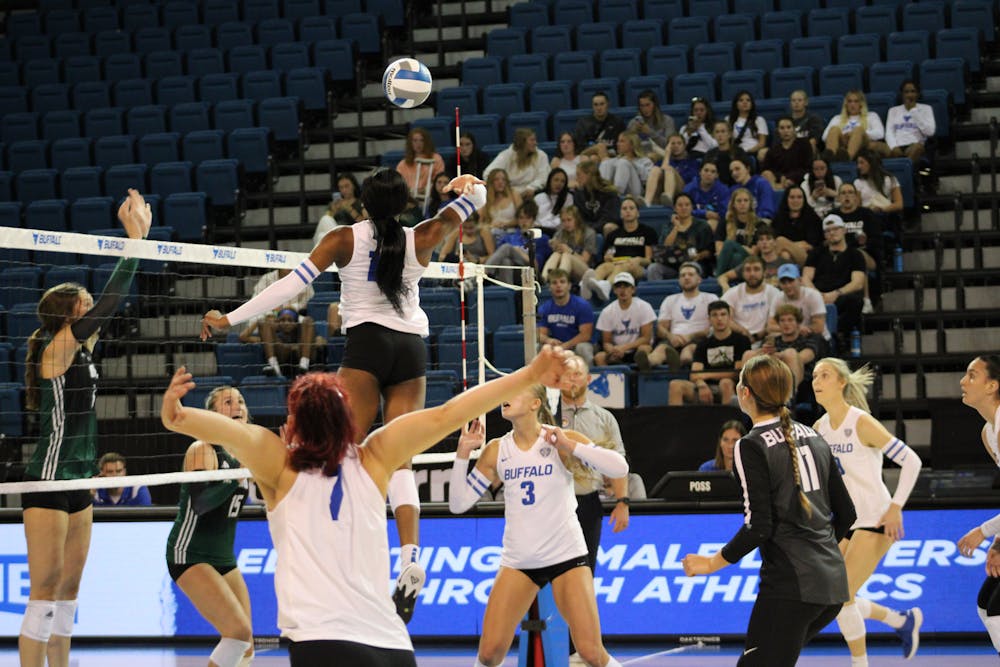 <p>Courtney Okwara goes for the kill in this past weekend's game against Ohio University.</p>