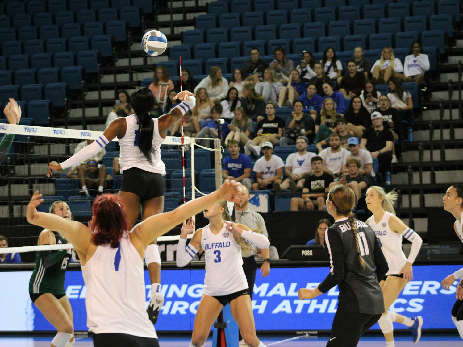Courtney Okwara goes for the kill in this past weekend's game against Ohio University.