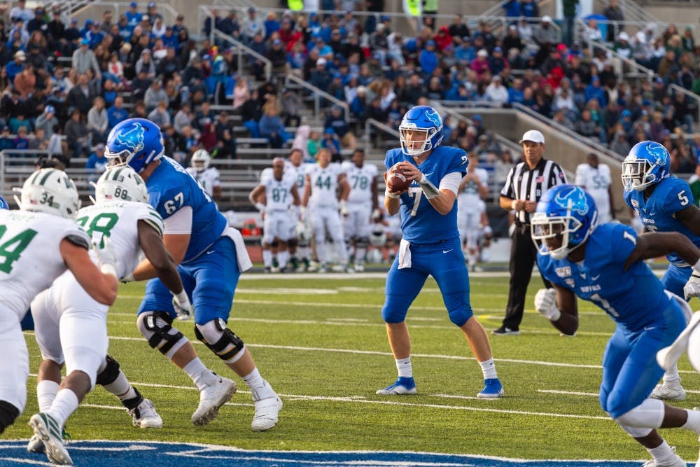 Quarterback Kyle Vantrease holds the ball against the Ohio Bobcats during the homecoming game at the UB Stadium on Saturday.