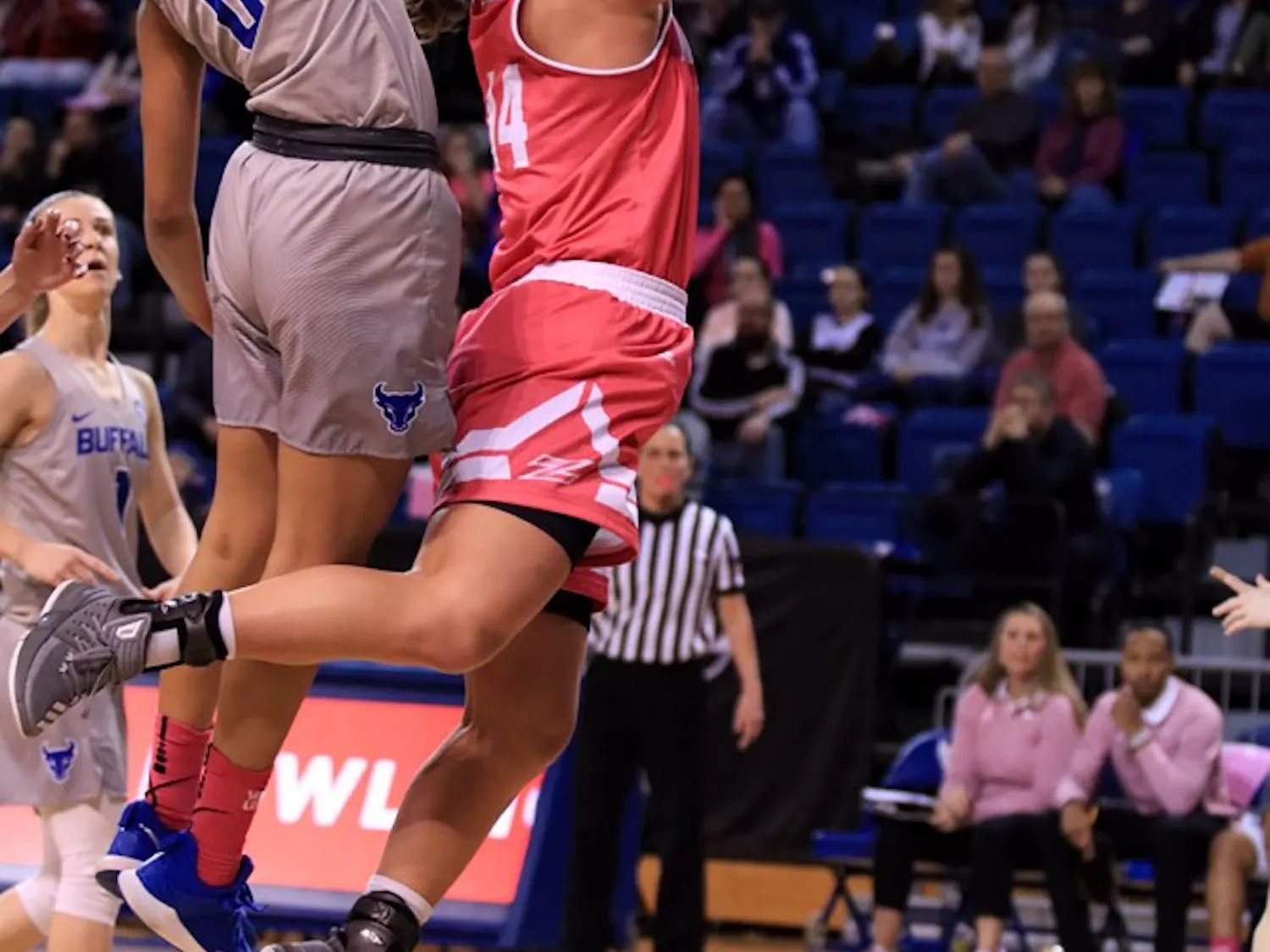 Sophomore forward Summer Hemphill rejects the opposing player's shot. Hemphill had 18 points in the game against the Akron Zips on Saturday.