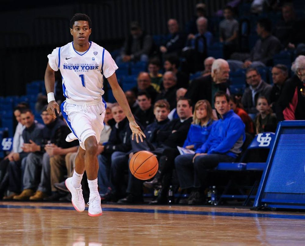 <p>Lamonte Bearden, a sophomore guard, dribbles down the court during a preseason game in November. Bearden will be in the starting lineup Tuesday after missing two games and coming off the bench in Buffalo's last game.</p>