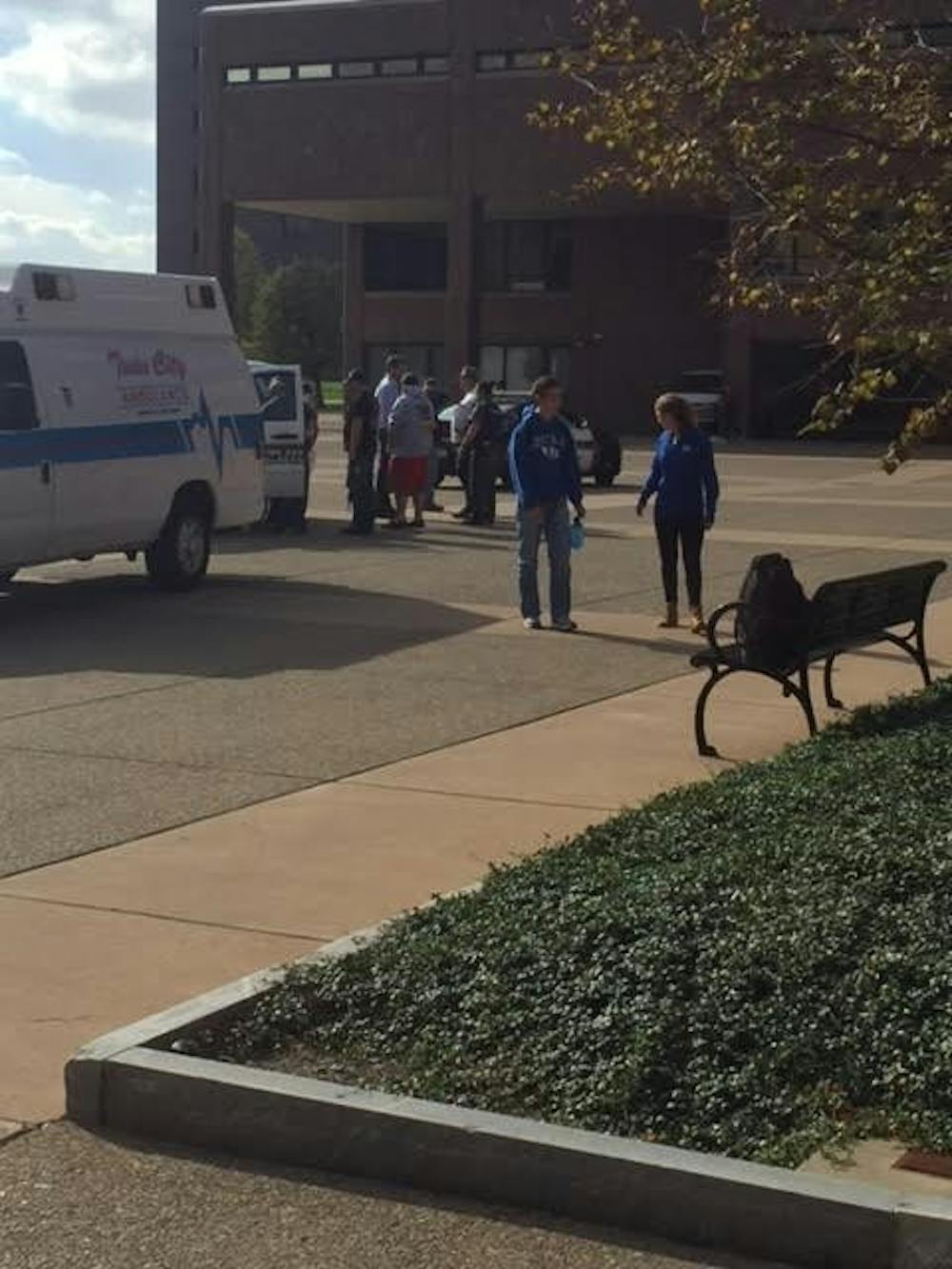 <p>Paramedics arrive on North Campus Thursday afternoon after a student suffered a seizure. </p>