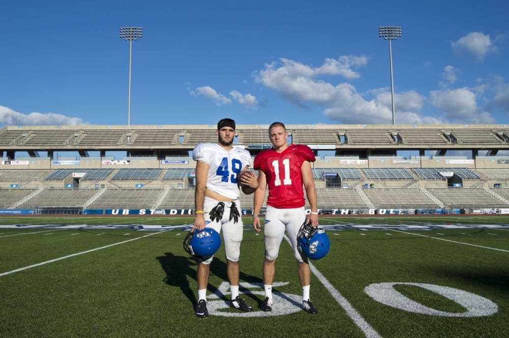 <p>Corbin Grassman (left) and his cousin, Tyler Grassman (right), form a one-two punch as the long snapper and punter for the football team. </p>